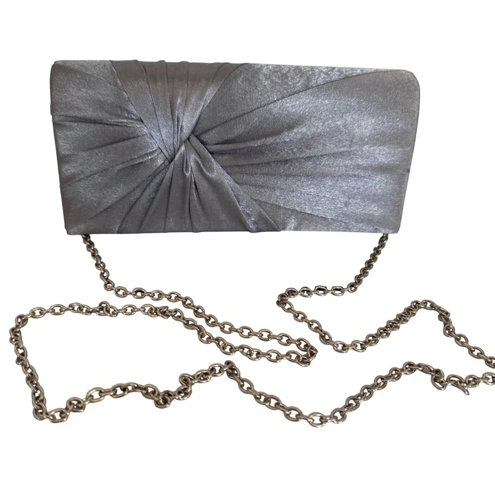Charming Charlie RSVP Silver Satin Knot Clutch‎ Chain Strap Evening Bag